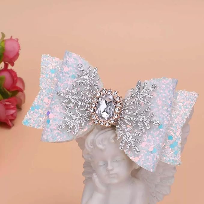 Christmas Snowflake Hair Bow Clips – Glitter White Snowflake Bow Hairpins for Women Girls Holiday Rhinestone Alligator Clips, Xmas Hair Accessories, Festive Holiday Bows Barrette Christmas Gift 2pcs