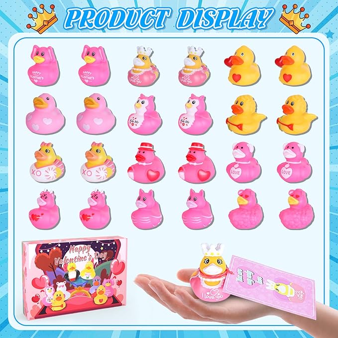 24 PCS Pink Rubber Ducks with Cards and Bands - Bulk Mini Rubber Ducks for Baby Bath Toys, Birthday Party Favors, and Cruise Ship Hiding Fun