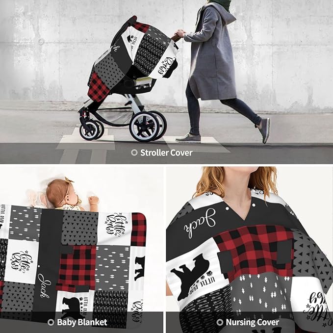 Personalized Woodland Bear Baby Car Seat Canopy for Babies with Name, Custom Red Baby Car Seat Covers for Girls, Opening Minky Nursing Breastfeeding Cover Infant Carseat Canopies for Newborn
