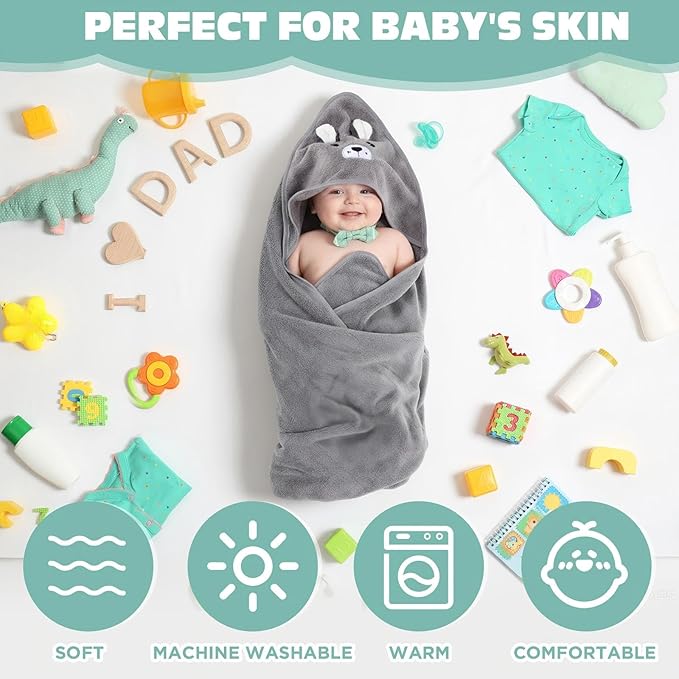 SmoothNovelty 6 Pack Baby Hooded Towels Infants and Toddlers Coral Fleece Baby Bath Towels 31.5 x 31.5 Inch Absorbent Cute Soft Newborn Bath Essentials Gifts for Boys & Girls(Multicolor,Cute)