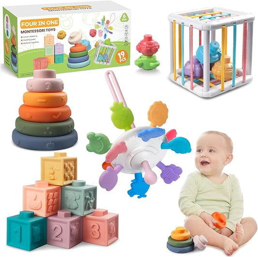 Wuzhineisn Montessori Baby Toys for Ages 6-18 Months - Pull String Teether, Stacking Blocks, Sensory Shapes Storage Bin, Infant Bath Time Fun, 4 in 1 Toddlers Toy Gifts for 1 2 3 Year Old Boys Girls