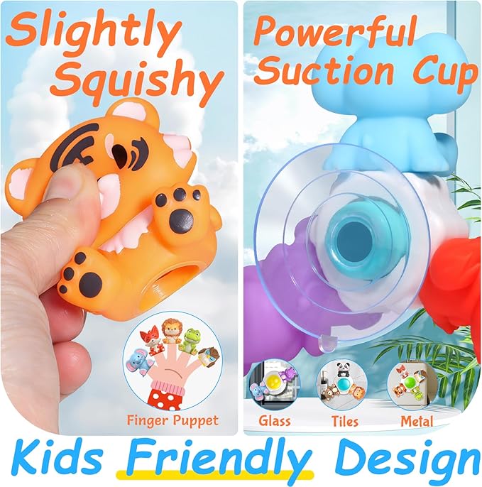 3PCS Cute Safari Animals Suction Spinner Toys for Babies, Detachable Soft Animal Figurines Finger Puppet, Bath Toy for Toddler Ages 1-3, Montessori Toys Birthday Gifts for Boys and Girls 12 Months+