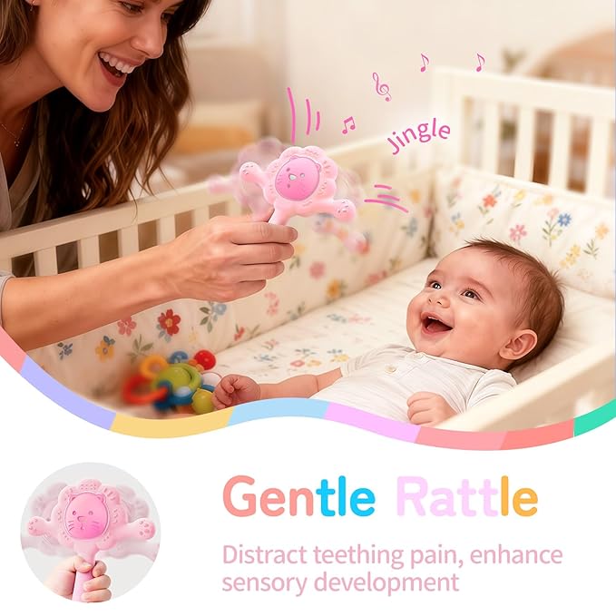 Lion Baby Teething Toy with Rattle, Food-Grade Silicone Montessori Sensory Toy for Babies 0-6 6-12 18 Months, BPA-Free Infant Sore Gum Relief & Motor Skills Development - Pink