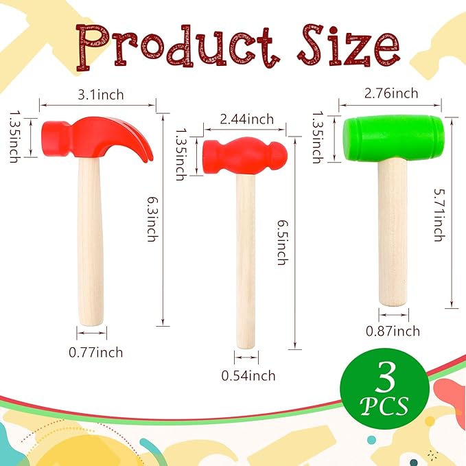 3 PCS Toy Hammers, Wooden Hammer Toys Mallets, Simulation Fake Plastic Maintenance Tools for Birthday Party Supplies