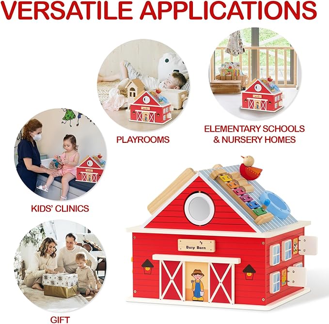 Monläurd® Wooden Activity Cube for Toddlers 1-3, Farm Barn Montessori Busy Board Toy, 12-in-1 Sensory Activity Center for Baby Fine Motor Skills, Large Educational Learning Toy for Boys Girls
