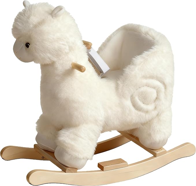Baby Rocking Horse, Plush Alpaca Rocking Horse with Music, Wooden Riding Horse for Toddlers 1-3 Year, Toddler Stuffed Ride-on Rocker Animals Toy for Christmas Birthday Gift White