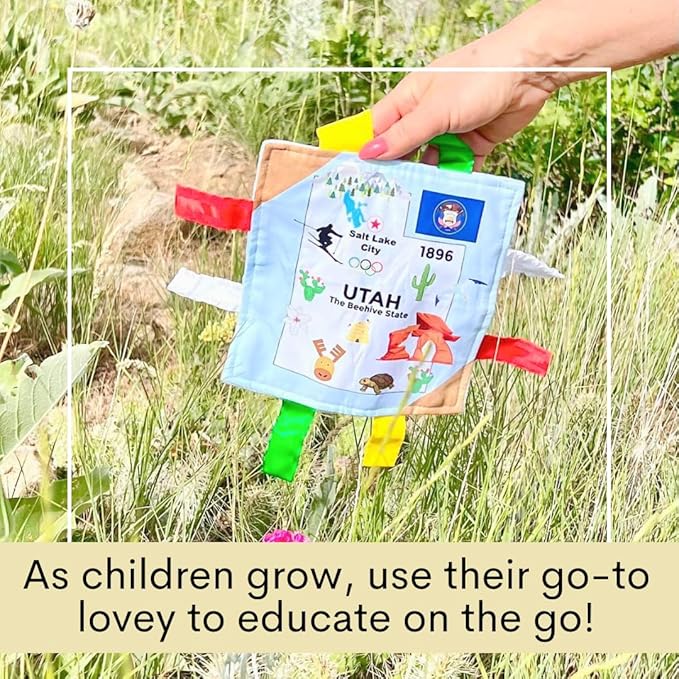 Baby Jack & Co 8x8” Learning Lovey Utah State Tag Stroller Toy for Babies - Crinkle Toys for Developing Five Senses - Learn About Capitals - Travel with Baby Jack - BPA Free Clip