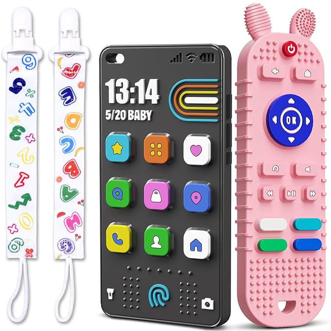 Kaodezhu TV Remote Control Shape Baby Teething Toys and Phone Shape Teether Toys for Babies 6-12 Months, Soft Flexible Silicone Chew Toys for Baby - Black Pink
