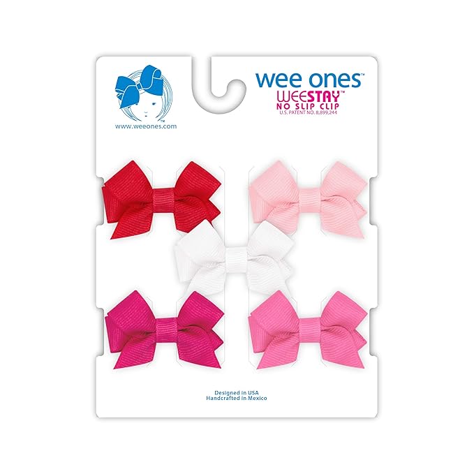 Wee Ones Baby Girl's Multipack Five Tiny Grosgrain Hair Bows, Red, Light Pink, White, Shocking Pink, and Hot Pink