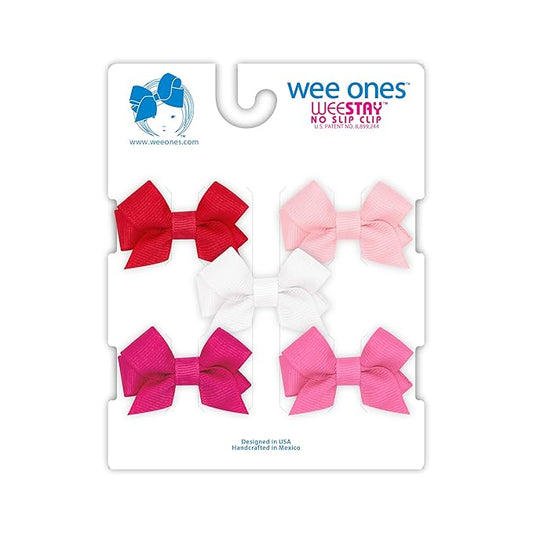 Wee Ones Baby Girl's Multipack Five Tiny Grosgrain Hair Bows, Red, Light Pink, White, Shocking Pink, and Hot Pink
