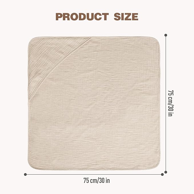 Cinaci 1pc Soft & Absorbent 100% Muslin Cotton Baby Hooded Bath Towel for Baby Girls Boys Newborns Infants Toddlers Kids (Khaki)