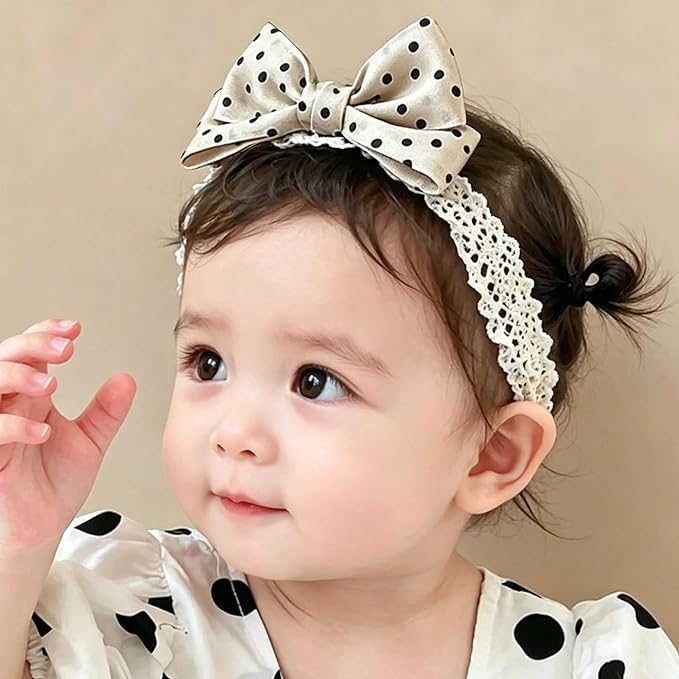 Baby Girls Hairbands Bow Lace Headband Handmade Soft Stretchy Pink Bowknot Hairbands Newborn Hairband with Bows Elastic Hair Bands for Kids Infant(Black and Ehite Polka Dot Bow