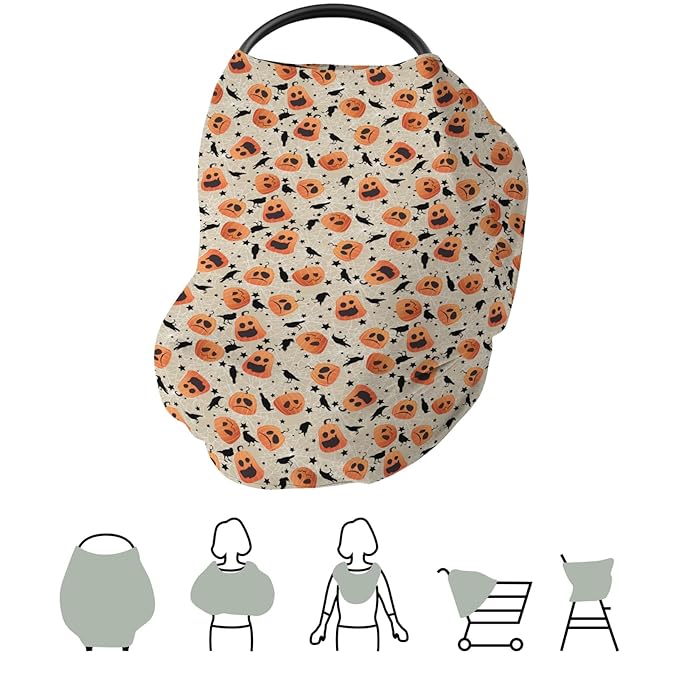 Halloween Pumpkin Black Crows Car Seat Cover for Babies Orange Pumpkins Stars Stretchy 5-in-1 Cover Adjustable Car Canopy Cover Spooky Halloween Breathable Nursing Cover-Up