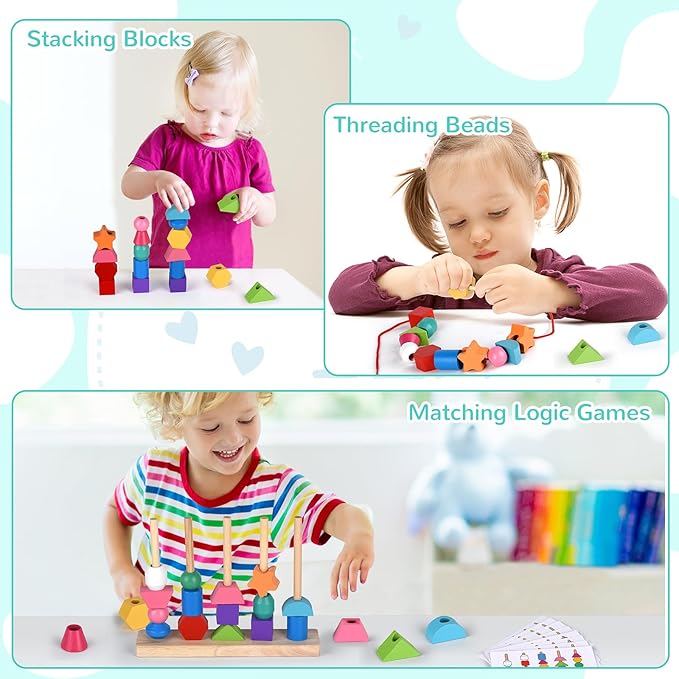 Montessori Bead Sequencing Toy Set, Wooden Stacking Blocks & Lacing Beads & Matching Shape Colors Stacker, Montessori Toys for 2 3 4 5 Year Old, Toddlers Preschool Learning Fine Motor Skills Toys