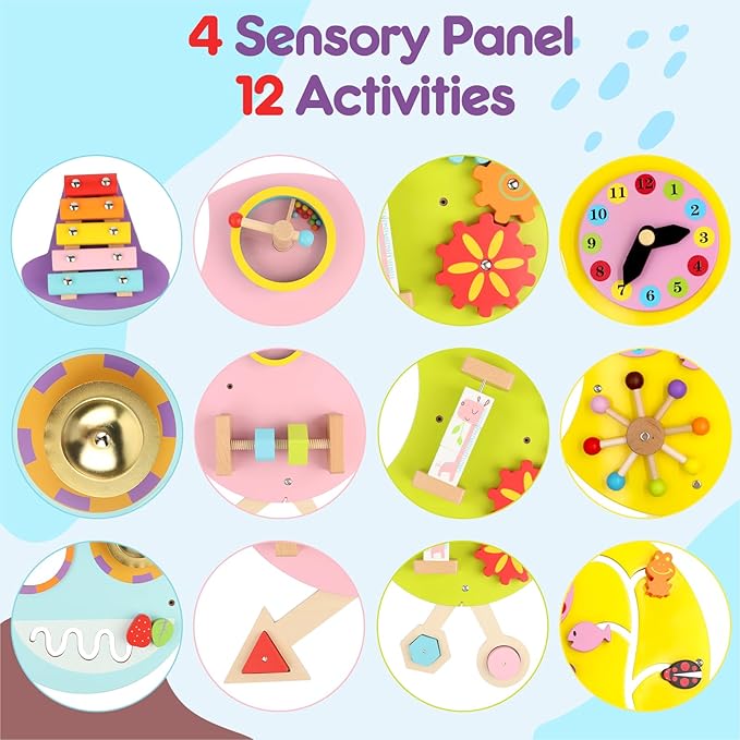 Caterpillar Activity Wall Busy Board for Kids:12 in 1 Sensory Wall Panel for Toddler,Wooden Montessori Educational Toys for Playroom Daycare Nursery Classroom