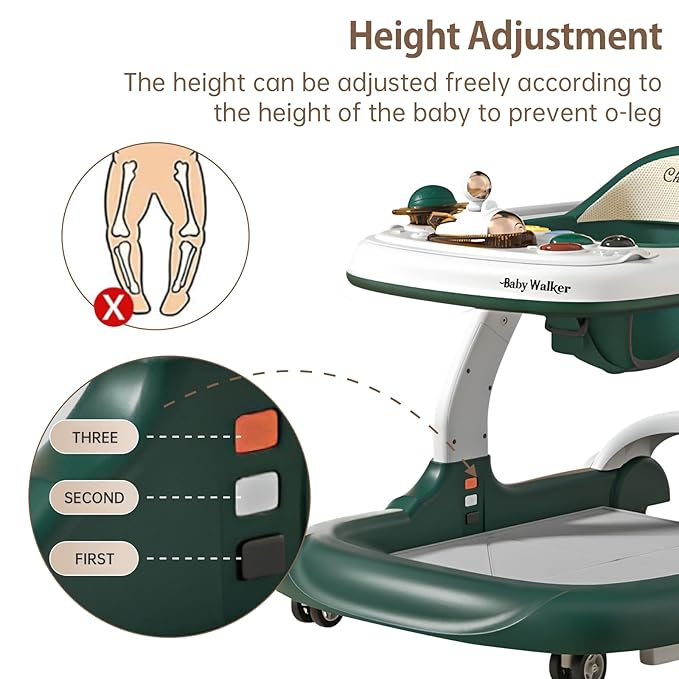 Baby Walker with Wheels Music and Lights with 9 Adjustable Heights Anti-Fall Baby Walker and Bouncer Combo for Boys Girls Babies 6-18 Months (Green and White)