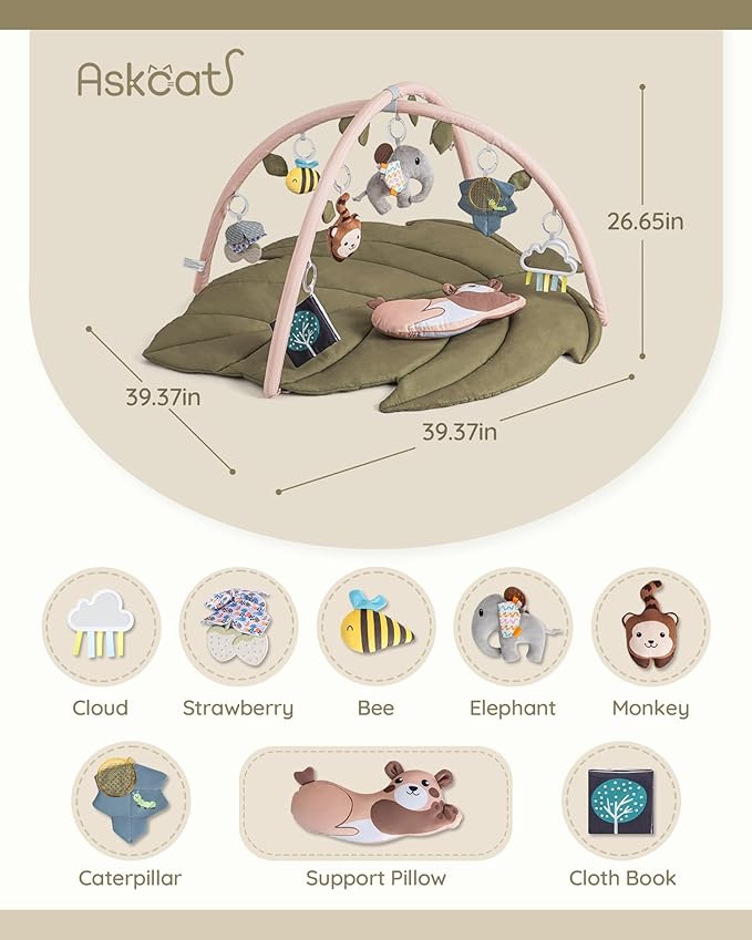 Infant Activity Center for Newborn to Develop Motor Cognition Leaves Leaf-Shaped Baby Play Gym & Activity Mat Extra Large Tummy Time Mat with 8 Detachable Toys