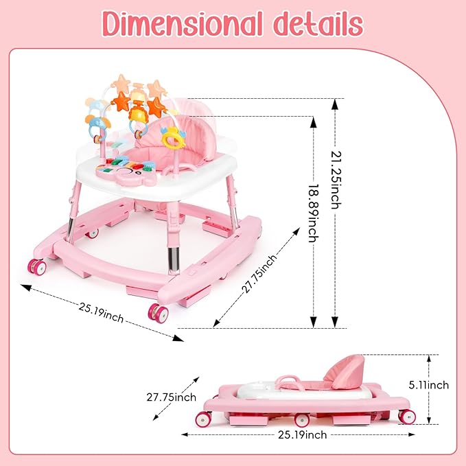 5 in 1 Baby Walker Foldable Music and Lights with 5 Adjustable Heights, Baby Walker with Wheels Portable, Infant Toddler Walker for Baby Boy Girls 6-18 Months (Pink)