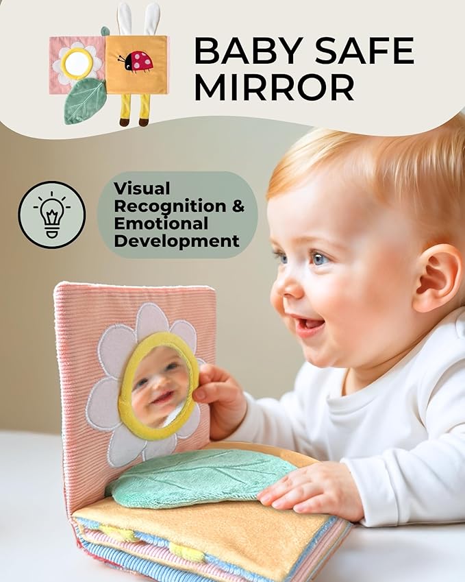 Cute Soft Baby Book with Mirror, Activities, Touch and Feel & Crinkle Pages - Interactive Sensory Cloth Toy for Babies 0-6, 6-12 & 12-18 Months - Adorable Animal Themes for Early Development
