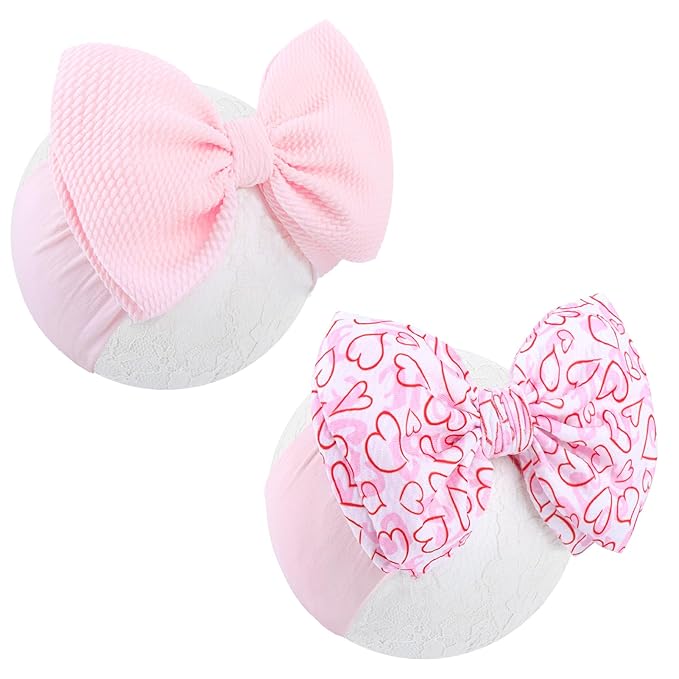 Valentine's Day Baby Bow Headbands for Girls Handmade Pink Love Heart Soft Nylon Baby Hairbands Head Wrap Hair Accessories for Infant Toddler Kid 2Pcs