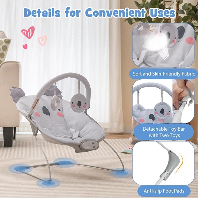BABY JOY Baby Bouncer, Portable Baby Bouncer Seat with Vibration & Music, Removable Bar & Fabric Cover, 3-Point Safety Harness, Infant Bouncer for Babies 0-6 Months Up to 20 lbs