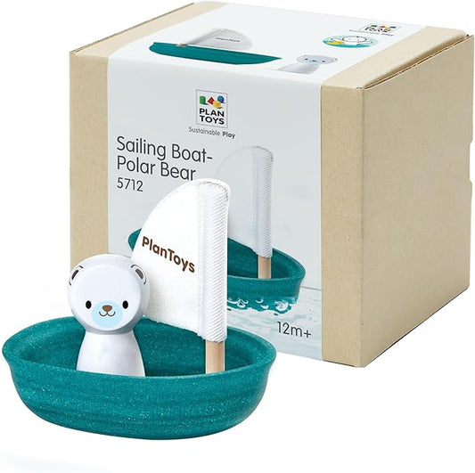 PlanToys® Polar Bear Sailing Boat Bath Toy for Toddlers | Montessori Wooden Water Toys for Kids | Eco-Friendly Floating Boat for Bathtub, Pool & Water Table