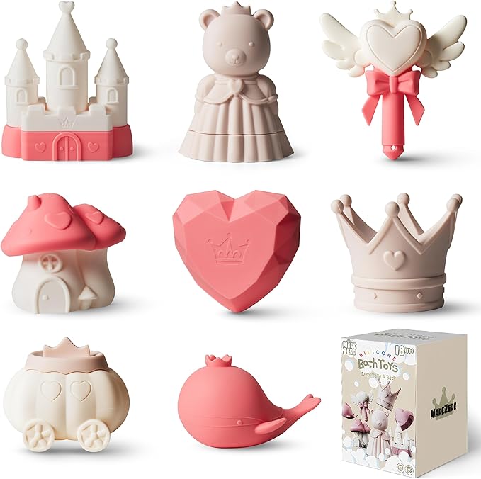 MarcZero Princess Silicone Bath Toys 8Pcs for Toddlers Kids Babies,Bathtub Water Toys,Soft Squeezable Easy-Grip Pool Toys Set (Peach Pink)