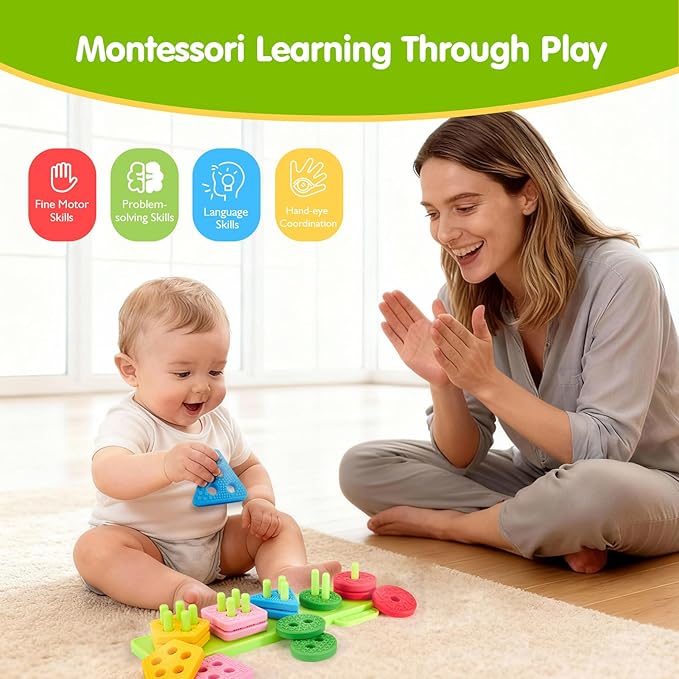 hahaland Silicone Sorting & Stacking Toys Toddlers 1-3 - Montessori Sensory Toys for 1 Year Old, Textured Soft Blocks for Shape & Color Sorting Learning Baby Toys 1 Year Old Boy Gifts Girl Sorter Toy