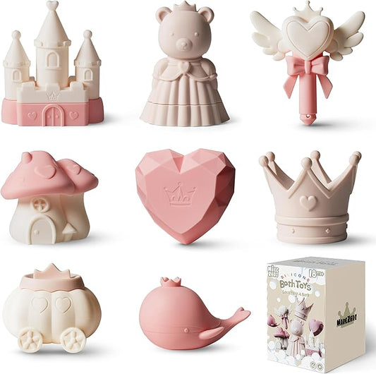 MarcZero Princess Silicone Bath Toys 8Pcs for Toddlers Kids Babies,Bathtub Water Toys,Soft Squeezable Easy-Grip Pool Toys Set (Pink)