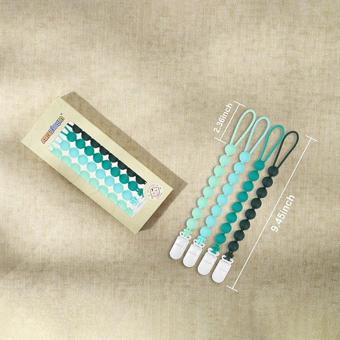 4 Pcs Green Baby Silicone Teething Pacifier Clip,One-piece Design,Round Shape,Smooth Surface,BPA Free.