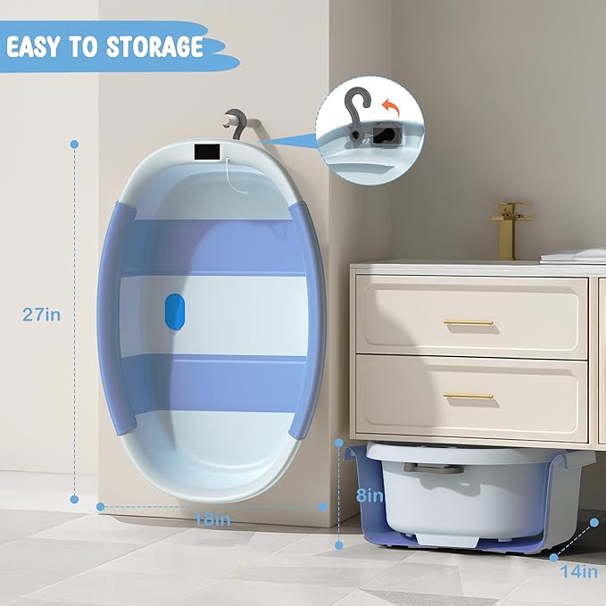 TOSGN Collapsible Baby Bathtub, 3s to Install, Baby Bath Tub with Soft Cushion & Thermometer, 0-36 Months Newborn Bathtub,Portable Travel Baby Tub, Blue