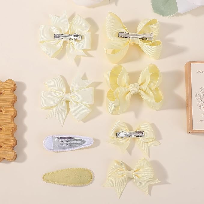 choicbaby 8pcs Baby Girl Hair Bow Clips Set, Yellow Toddler Hair Clips Boutique Grosgrain Ribbon Bow Hair Barrettes Accessories for Infant Toddler Kids