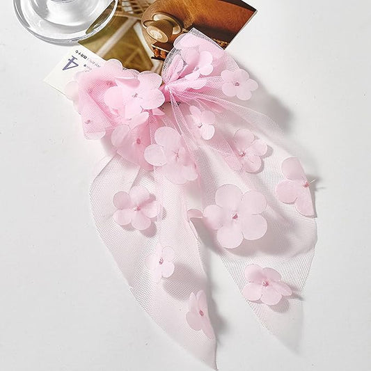 Pink Flower Bow Hair Clip - Mesh Tulle Floral Hair Bow Clips Summer Hair Accessory for Women Girls Bridal Wedding Hair Ornament, Bridesmaid Party Headpiece, Elegant Hairpin for Daily Styling