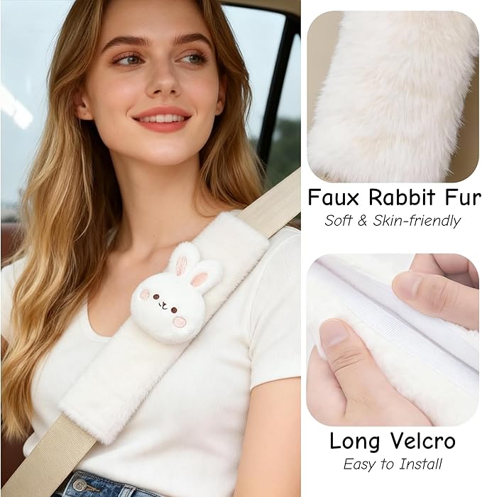 2 PCS Seat Belt Cover Pad, Cute Kawaii Animal Bunny Seatbelt Covers for Kids and Adults, Winter Plush Fluffy Soft Seat Belt Cover, Cartoon Seatbelt Cushion,Car Seat Strap Pads (F-Bunny)