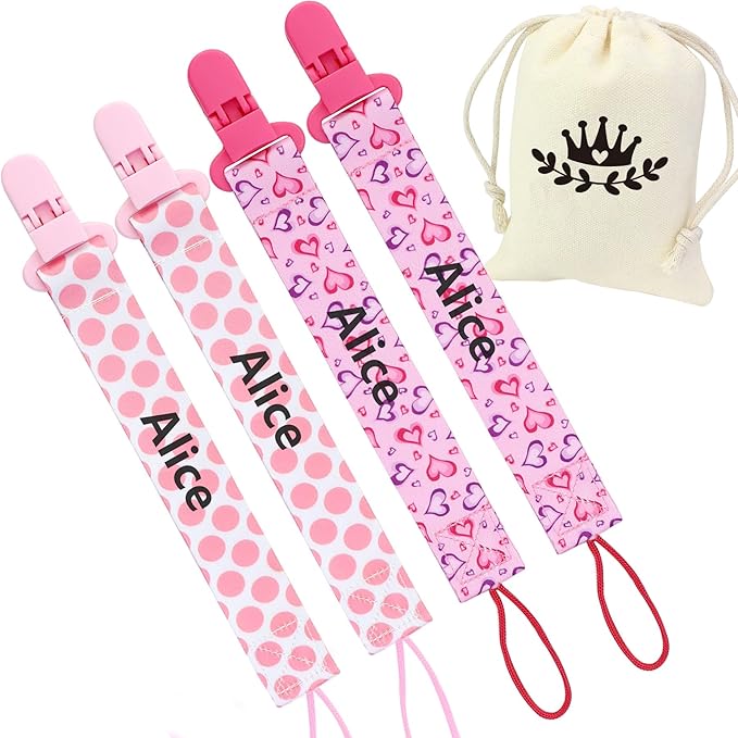 Personalized Handmade Pacifier Clip with Name - Customizable Baby Pacifier Holder with Storage Bag (4 Pack) (Pink)