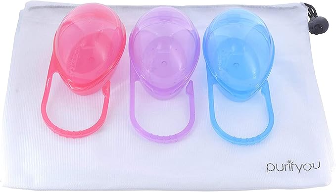purifyou PurePouch BPA-Free Pacifier Case Holder & Nipple Shield Case, Hold Up to Two and Three Pacifiers and Pacifier Clips Per Container with Free Mesh Sack (Set of 3, Mixed)