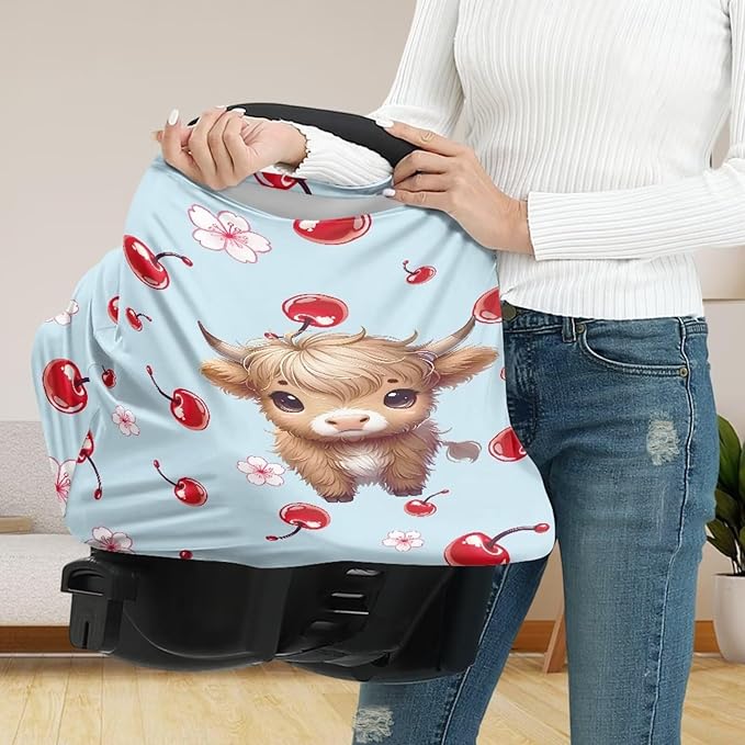 Wanyint Highland Cow Cherry Stretchy Baby Car Seat Cover Carseat Canopy for Babies Universal Baby Breastfeeding Stroller High Chair Shopping Cart Cover