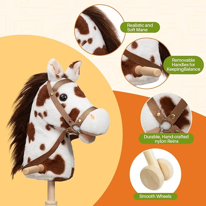 HollyHOME Stick Horse Plush Handcrafted Hobby Horse on a Stick with Wood Wheels Real Pony Neighing and Galloping Sounds for Kids Toddlers Appaloosa 36 Inches (AA Batteries Required)