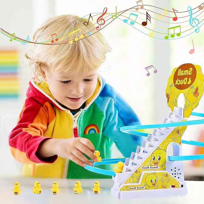 Small Ducks Climbing Toys, Electric Llittle Duck Climbing Stairs Toy,Roller Coaster Toy Set with LED Flashing Lights & Music,Duck Track Slide Toy Gift for Toddlers Kids Age 3