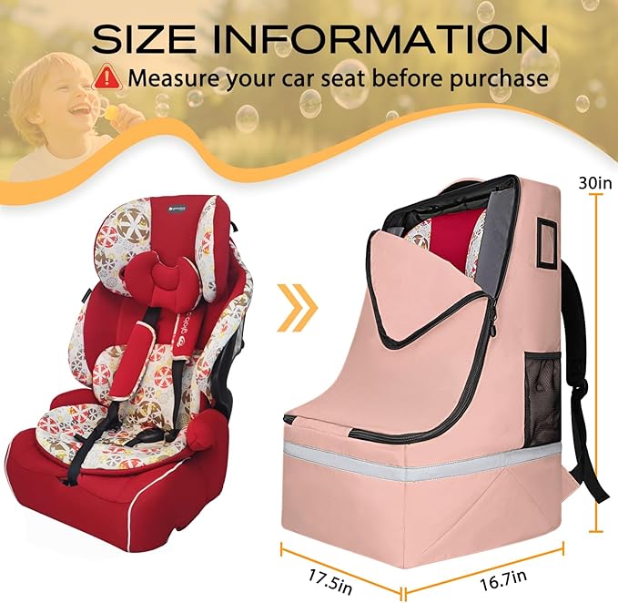 LARIPOP Car Seat Travel Bag for Airplane, Universal Gate Check Car Seat Bag, Padded Backpack with Waist Belt, Reflective Strips & Protective Feet, Fits Infant Convertible Booster Seats, Flesh