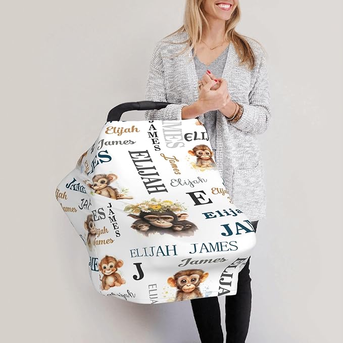 Personalized Car Seat Covers for Babies with Name – Multi-use Breastfeeding Cover Custom Monkey Carseat Canopy Cover, Infant Stroller Covers for Boys and Girls