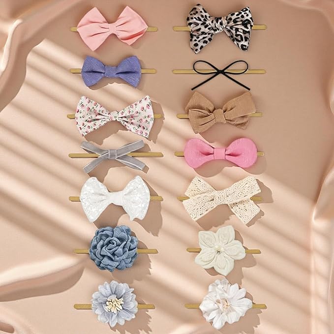 14 Pcs Baby Girl Headband Bows Soft Nylon Hairbands With Hair Bows Elastics Linen Handmade Toddler Hair Accessories For Girls Newborns Infants And Kids. (Flower Bows, Mid)