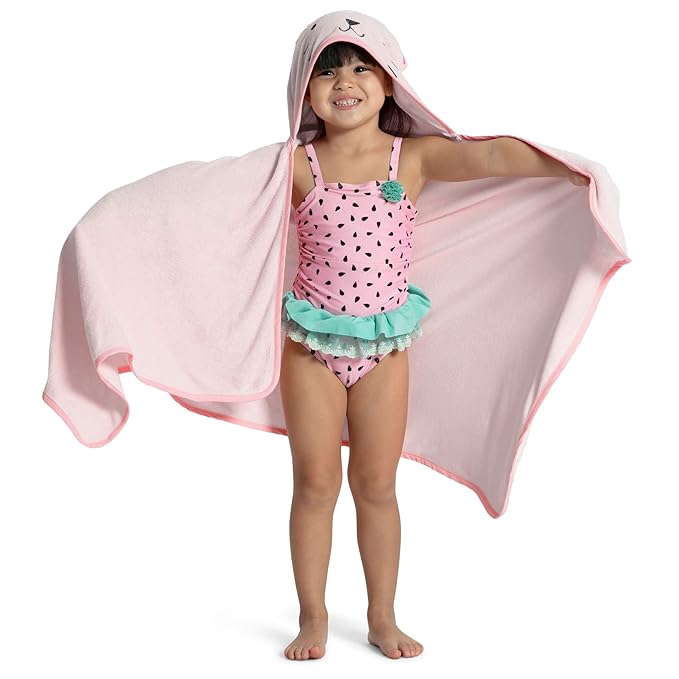 Delta Children Personalized Kids Hooded Bath Towel with Pockets - Super Soft and Absorbent- Great Gift for Boys and Girls, Pink Cat