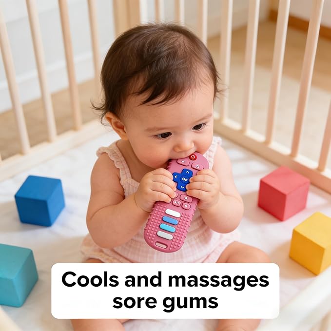 Baby Teether Toy,TV Remote Control Shape Teething Relief Chew Toy for Infants 0-12 Months,Baby Girl Toys & Baby Gift BPA Free,Pink