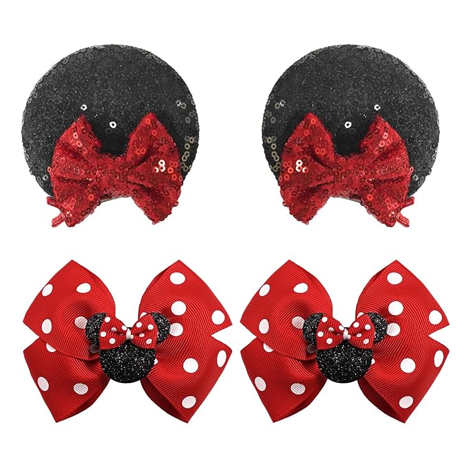 2 Pairs Red Mouse Ears Hair Clips & Mouse Hair Bows Barrettes for baby Girls Accessories Birthday Party Decorations Gift