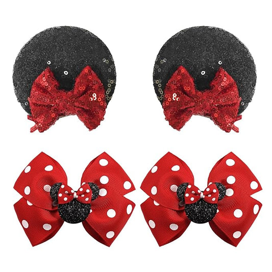 2 Pairs Red Mouse Ears Hair Clips & Mouse Hair Bows Barrettes for baby Girls Accessories Birthday Party Decorations Gift