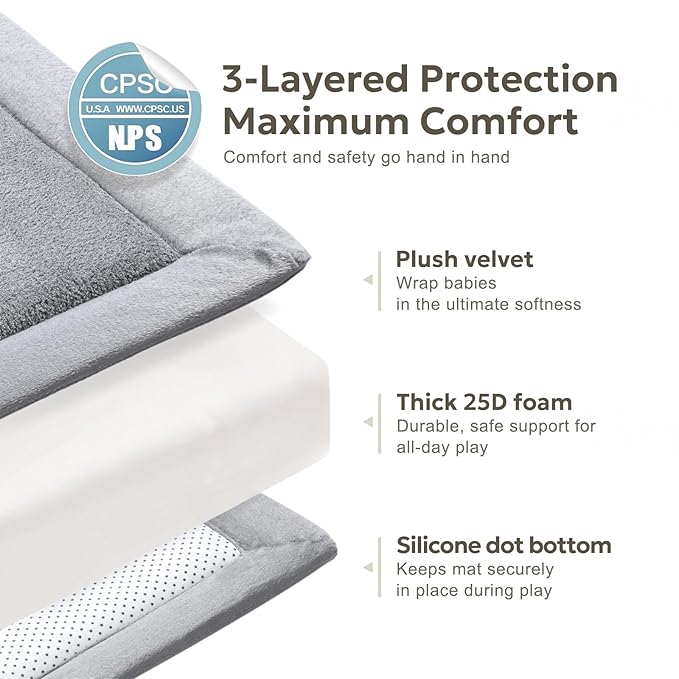 Mallify Ultra Soft 1.3" Thick Baby Play Mat for Floor, Large Velvet 50"x50" Playpen Mat, Baby-Safe & Non-Slip Tummy Time Mat, Crawling Mat for Babies, Toddlers, Infants, Kids, Easy Care,Gray