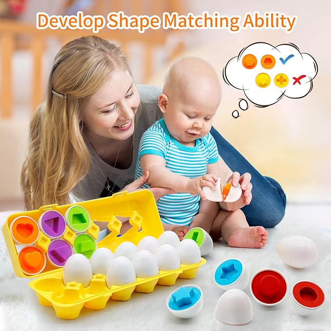 MOONTOY Matching Eggs for Toddlers 1-3, 12PCS Preschool Educational Learning Color & Shape Sorter Sensory Montessori Toy Toddler Easter Eggs Basket Stuffers Gift for 1 2 3 Year Old Kid Baby Boy Girl
