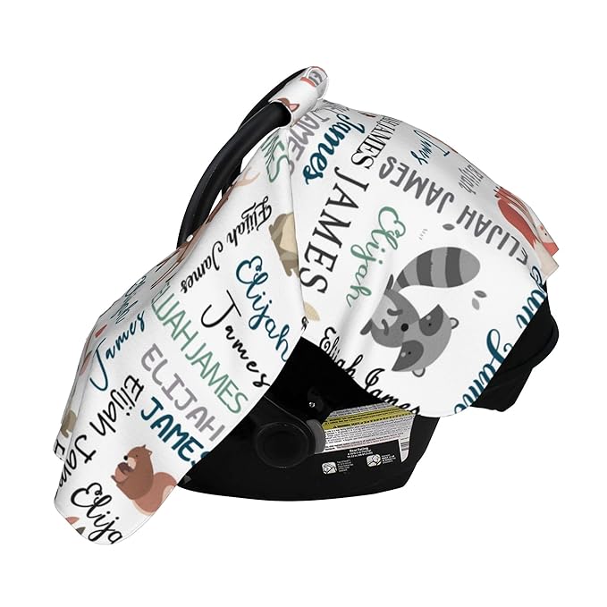 Personalized Car Seat Covers for Babies Custom Name Car Seat Canopy for Newborn Baby Boys Girls 2 in 1 Mom Nursing Breastfeeding Covers Woodland Minky Baby Carrier Covers with Peekaboo Opening