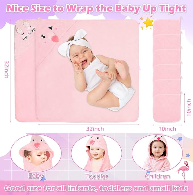 Sublaga 8 Pcs Baby Towel Set, Soft Baby Bath Towels and Washcloths Set, 2 Pcs 32x32 in Cute Baby Towel with Hood and 6 Pcs Baby Washcloths for Infants, Toddlers and Kids (Pink Kitten & Flamingo)
